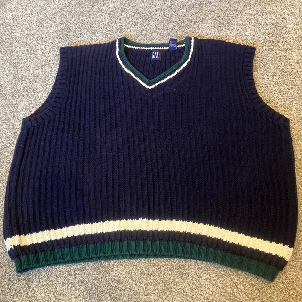 Vintage Gap Navy Blue Ribbed Cotton V-Neck Sweater Vest XL Stripe Collegiate 90s